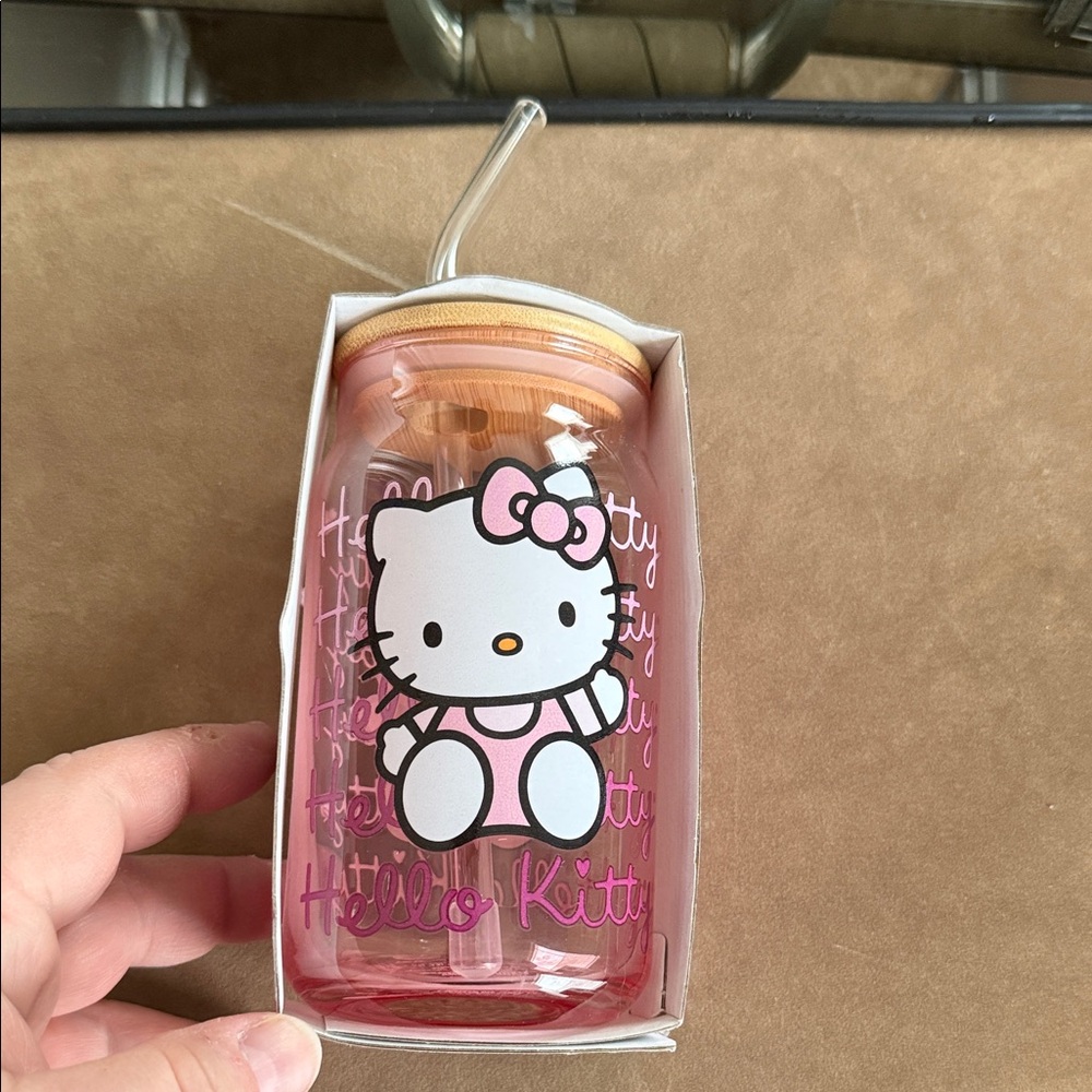 Hello Kitty Pink Glass Tumbler with Straw and Lid